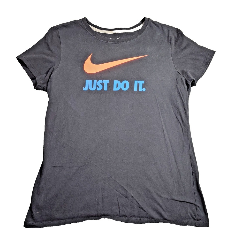 Nike Women's Just Do It T-Shirt XL Black Orange Swoosh Slim Fit Cotton Top